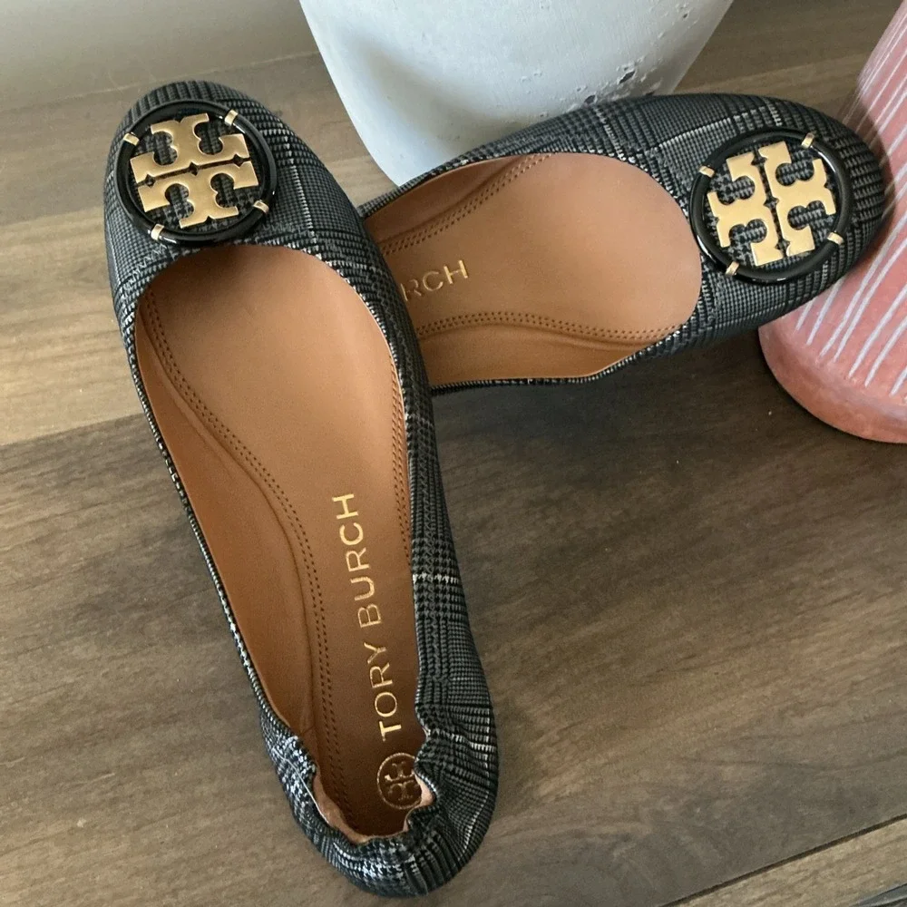 Tory Burch Multi Logo Elastic Prince Of Wales‎ Ballet  7 EUC!